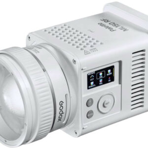 Torche LED Godox ML150 RF vue de trois quarts, avec réflecteur avant et écran couleur des modes d'éclairage